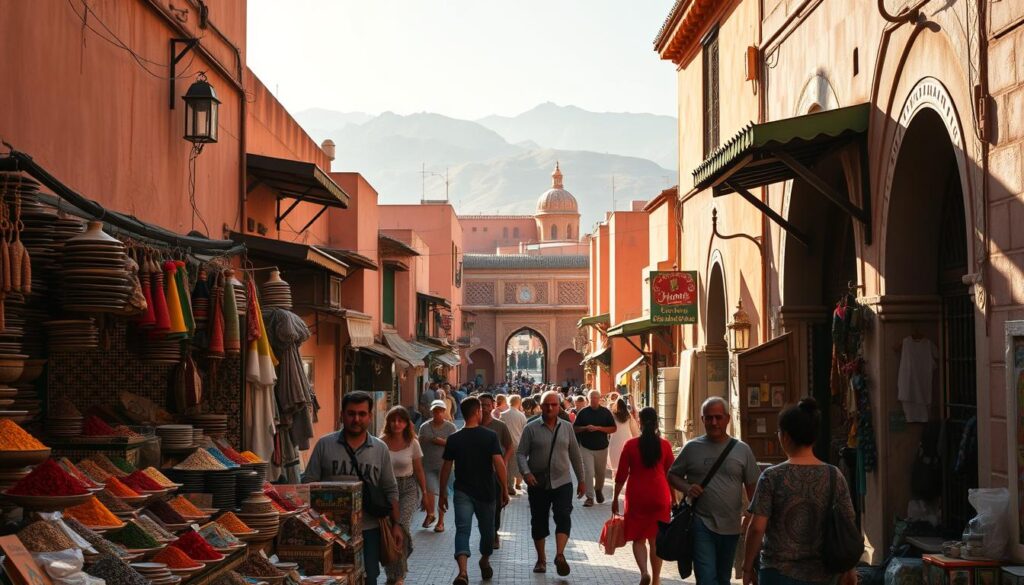 A bustling Moroccan medina in the warm afternoon sun, with locals and travelers navigating the winding alleys. In the foreground, a vendor's stall overflows with vibrant spices and handicrafts, inviting exploration. In the middle ground, people stroll leisurely, pausing to admire ornate archways and intricate tilework. The background features the iconic silhouette of the Atlas Mountains, casting a hazy, golden glow over the scene. Crisp, realistic lighting accentuates the textures and colors, creating an immersive, photographic quality. MyVisitMorocco. A bustling Moroccan medina in the warm afternoon sun, with locals and travelers navigating the winding alleys. In the foreground, a vendor's stall overflows with vibrant spices and handicrafts, inviting exploration. In the middle ground, people stroll leisurely, pausing to admire ornate archways and intricate tilework. The background features the iconic silhouette of the Atlas Mountains, casting a hazy, golden glow over the scene. Crisp, realistic lighting accentuates the textures and colors, creating an immersive, photographic quality. MyVisitMorocco.