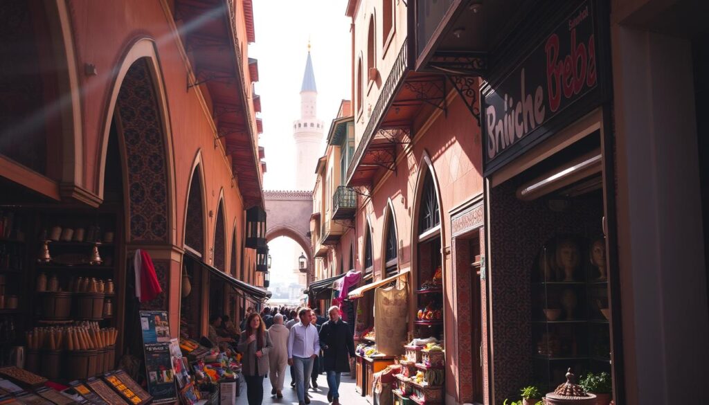 A bustling Moroccan medina, its narrow alleyways lined with vibrant stalls selling handcrafted wares. Sunlight filters through ornate archways, casting warm hues on the intricate tilework and decorative facades. In the foreground, a vendor hawks traditional spices and fragrant herbs, while in the middle ground, shoppers navigate the crowded marketplace. In the background, the iconic minaret of a nearby mosque rises above the scene, its silhouette against a hazy sky. MyVisitMorocco A bustling Moroccan medina, its narrow alleyways lined with vibrant stalls selling handcrafted wares. Sunlight filters through ornate archways, casting warm hues on the intricate tilework and decorative facades. In the foreground, a vendor hawks traditional spices and fragrant herbs, while in the middle ground, shoppers navigate the crowded marketplace. In the background, the iconic minaret of a nearby mosque rises above the scene, its silhouette against a hazy sky. MyVisitMorocco