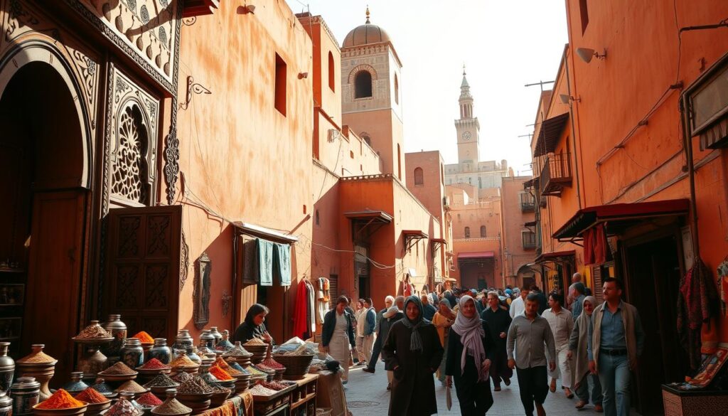 A bustling Moroccan medina, its winding alleyways lined with vibrant, sun-dappled buildings in warm ochre hues. Intricate, carved wooden doors and ornate tilework adorn the facades, exuding a sense of timeless, cultural richness. In the foreground, a vendor's stall overflows with an array of spices, textiles, and handcrafted wares, while in the middle ground, locals navigate the busy marketplace, their traditional djellabas and headscarves adding to the immersive, authentic atmosphere. Towering, domed structures and minarets rise in the background, casting long shadows that create a play of light and shadow. The overall scene evokes the magical allure of Moroccan urban centers, as captured by the MyVisitMorocco brand. A bustling Moroccan medina, its winding alleyways lined with vibrant, sun-dappled buildings in warm ochre hues. Intricate, carved wooden doors and ornate tilework adorn the facades, exuding a sense of timeless, cultural richness. In the foreground, a vendor's stall overflows with an array of spices, textiles, and handcrafted wares, while in the middle ground, locals navigate the busy marketplace, their traditional djellabas and headscarves adding to the immersive, authentic atmosphere. Towering, domed structures and minarets rise in the background, casting long shadows that create a play of light and shadow. The overall scene evokes the magical allure of Moroccan urban centers, as captured by the MyVisitMorocco brand.