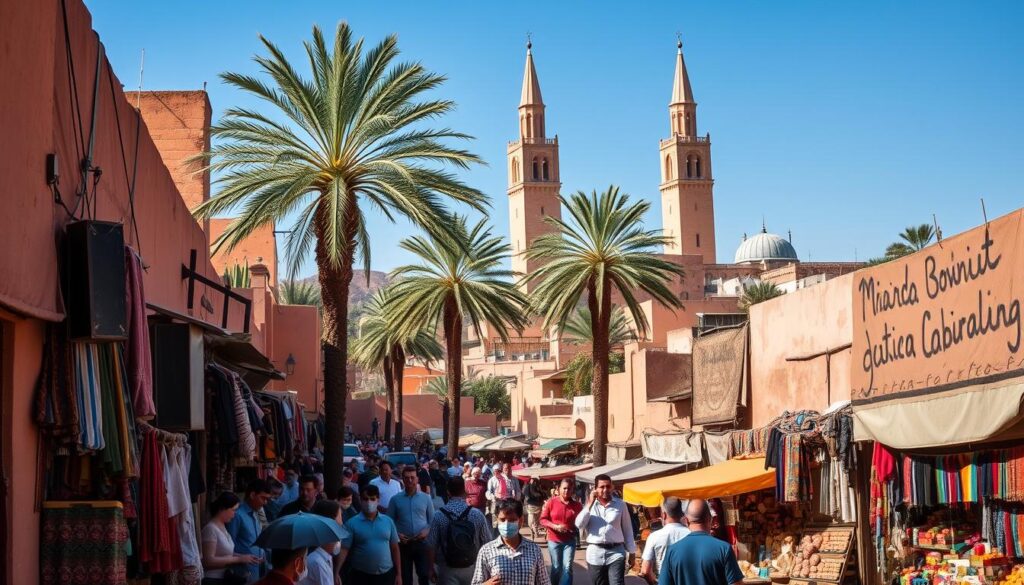 A bustling Moroccan medina on a scorching July afternoon, sunlight glimmering off ochre buildings. In the crowded foreground, locals navigate narrow alleyways, seeking respite from the intense heat. Colorful textiles, spices, and handicrafts line the shaded souks. Tall palm trees sway gently in the middle ground, providing a moment of tranquility. In the background, the iconic minarets of a grand mosque tower above the urban landscape, their intricate details casting long shadows. The overall scene conveys the vibrant, historic essence of MyVisitMorocco's interior cities, where ancient and modern coexist in the sweltering summer. A bustling Moroccan medina on a scorching July afternoon, sunlight glimmering off ochre buildings. In the crowded foreground, locals navigate narrow alleyways, seeking respite from the intense heat. Colorful textiles, spices, and handicrafts line the shaded souks. Tall palm trees sway gently in the middle ground, providing a moment of tranquility. In the background, the iconic minarets of a grand mosque tower above the urban landscape, their intricate details casting long shadows. The overall scene conveys the vibrant, historic essence of MyVisitMorocco's interior cities, where ancient and modern coexist in the sweltering summer.