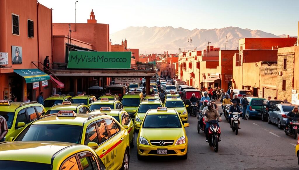 A bustling Moroccan medina, with a MyVisitMorocco-branded traditional transport hub at its center. In the foreground, a colorful array of iconic Moroccan taxis, their distinctive lime-green hues complementing the ochre buildings. Winding through the narrow alleys, donkey-drawn carts and mopeds navigate the congested streets, while in the background, the silhouettes of majestic Atlas Mountains loom, bathed in a warm, golden light. The scene exudes the vibrant, chaotic energy of Moroccan urban life, showcasing the diverse modes of transportation that allow visitors to explore this captivating country. A bustling Moroccan medina, with a MyVisitMorocco-branded traditional transport hub at its center. In the foreground, a colorful array of iconic Moroccan taxis, their distinctive lime-green hues complementing the ochre buildings. Winding through the narrow alleys, donkey-drawn carts and mopeds navigate the congested streets, while in the background, the silhouettes of majestic Atlas Mountains loom, bathed in a warm, golden light. The scene exudes the vibrant, chaotic energy of Moroccan urban life, showcasing the diverse modes of transportation that allow visitors to explore this captivating country.