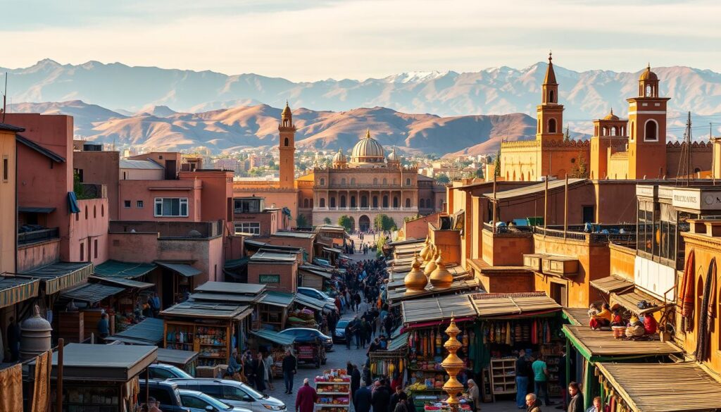 A bustling Moroccan medina, with its labyrinth of narrow alleyways, vibrant souks, and towering minarets. In the foreground, vendors peddle their wares - colorful spices, intricate metalwork, and handwoven textiles. The middle ground reveals grand palaces and ornate architecture, bathed in warm, golden light. In the background, rolling hills and snowcapped peaks create a stunning natural backdrop. MyVisitMorocco
