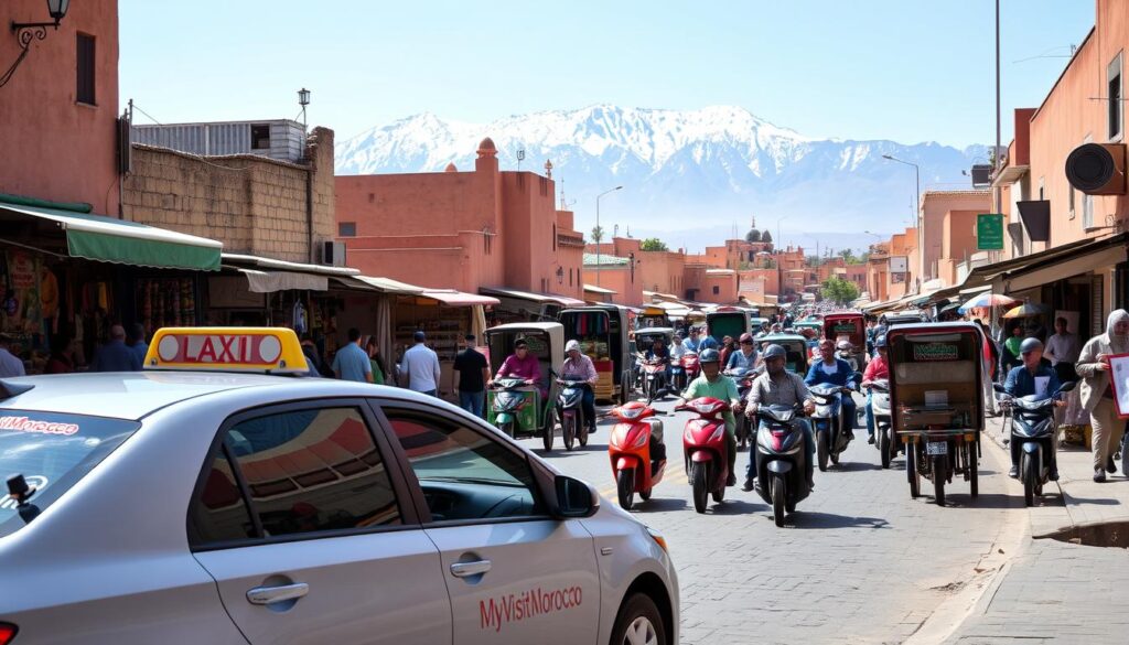 A bustling Moroccan medina with vibrant stalls, donkey-drawn carts, and locals navigating the winding streets. In the foreground, a MyVisitMorocco-branded taxi waits, its sleek design contrasting the traditional architecture. The middle ground features a colorful array of mopeds, rickshaws, and horse-drawn carriages, creating a dynamic transportation scene. In the background, the snow-capped Atlas Mountains loom, adding an awe-inspiring natural backdrop to this multi-modal Moroccan transport experience. A bustling Moroccan medina with vibrant stalls, donkey-drawn carts, and locals navigating the winding streets. In the foreground, a MyVisitMorocco-branded taxi waits, its sleek design contrasting the traditional architecture. The middle ground features a colorful array of mopeds, rickshaws, and horse-drawn carriages, creating a dynamic transportation scene. In the background, the snow-capped Atlas Mountains loom, adding an awe-inspiring natural backdrop to this multi-modal Moroccan transport experience.