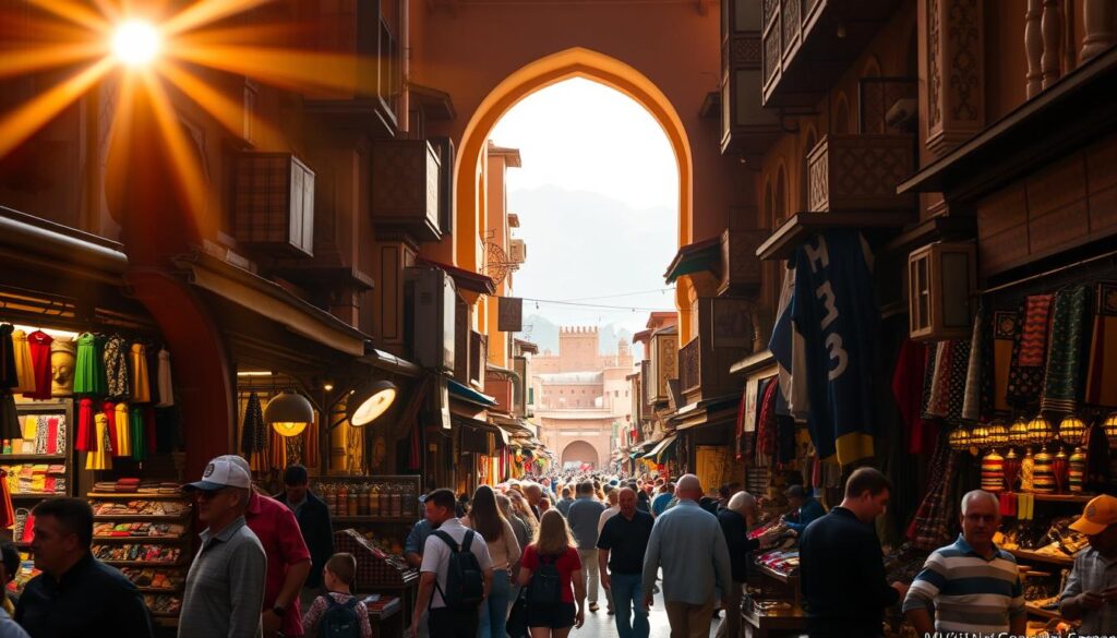 A bustling Moroccan medina, with vibrant stalls, intricate architecture, and locals engaged in lively haggling. Warm sunlight filters through ornate archways, casting a golden glow over the scene. In the middle ground, a group of tourists explore the maze-like alleys, capturing the essence of the "MyVisitMorocco" experience. In the background, the iconic Atlas Mountains loom, providing a majestic backdrop to this cultural immersion. The overall atmosphere is one of excitement, discovery, and a sense of being transported to a captivating, timeless world.