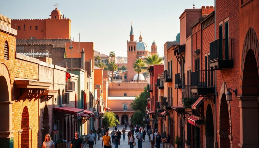 A bustling Moroccan neighborhood in a vibrant American city, bathed in warm afternoon sunlight. In the foreground, traditional brick and stucco buildings line the narrow streets, their colorful facades and ornate architectural details on full display. Pedestrians stroll along the sidewalks, immersed in the lively atmosphere. In the middle ground, a small plaza or square comes into view, featuring a central fountain or a towering minaret. The background is filled with the silhouettes of palm trees and domed rooftops, creating a distinctly Moroccan skyline. MyVisitMorocco A bustling Moroccan neighborhood in a vibrant American city, bathed in warm afternoon sunlight. In the foreground, traditional brick and stucco buildings line the narrow streets, their colorful facades and ornate architectural details on full display. Pedestrians stroll along the sidewalks, immersed in the lively atmosphere. In the middle ground, a small plaza or square comes into view, featuring a central fountain or a towering minaret. The background is filled with the silhouettes of palm trees and domed rooftops, creating a distinctly Moroccan skyline. MyVisitMorocco