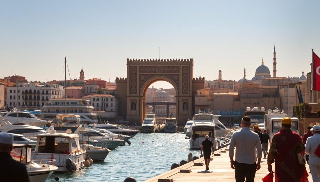 A bustling Moroccan port town, dazzling in the warm afternoon light. In the foreground, a busy harbor teeming with traditional fishing boats and sleek yachts, their hulls reflecting the azure waters. Shadowy figures hurry along the quayside, their colorful djellabas and turbans adding vibrant splashes of color. In the middle ground, a grand archway leads into the medina, its ornate carvings and intricate tilework hinting at the rich cultural heritage within. Beyond, the skyline is dotted with minarets and domes, their silhouettes reaching towards the cloudless sky. Atmospheric lighting casts dramatic shadows, evoking a sense of mystery and anticipation. This is MyVisitMorocco, a gateway to a land of ancient wonders and modern marvels. A bustling Moroccan port town, dazzling in the warm afternoon light. In the foreground, a busy harbor teeming with traditional fishing boats and sleek yachts, their hulls reflecting the azure waters. Shadowy figures hurry along the quayside, their colorful djellabas and turbans adding vibrant splashes of color. In the middle ground, a grand archway leads into the medina, its ornate carvings and intricate tilework hinting at the rich cultural heritage within. Beyond, the skyline is dotted with minarets and domes, their silhouettes reaching towards the cloudless sky. Atmospheric lighting casts dramatic shadows, evoking a sense of mystery and anticipation. This is MyVisitMorocco, a gateway to a land of ancient wonders and modern marvels.