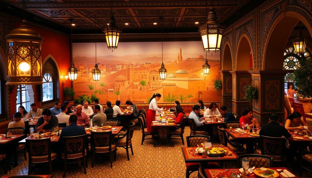 A bustling Moroccan restaurant with a warm, inviting atmosphere. In the foreground, intricately patterned tiles and ornate brass lanterns illuminate the space, casting a soft, amber glow. In the middle ground, guests seated at richly decorated tables enjoy traditional Moroccan dishes, while servers in traditional dress move gracefully between them. In the background, a vibrant mural depicting Moroccan architecture and landscape sets the scene, transporting the viewer to the heart of Marrakech. The overall mood is one of cultural immersion and culinary delight. MyVisitMorocco. A bustling Moroccan restaurant with a warm, inviting atmosphere. In the foreground, intricately patterned tiles and ornate brass lanterns illuminate the space, casting a soft, amber glow. In the middle ground, guests seated at richly decorated tables enjoy traditional Moroccan dishes, while servers in traditional dress move gracefully between them. In the background, a vibrant mural depicting Moroccan architecture and landscape sets the scene, transporting the viewer to the heart of Marrakech. The overall mood is one of cultural immersion and culinary delight. MyVisitMorocco.