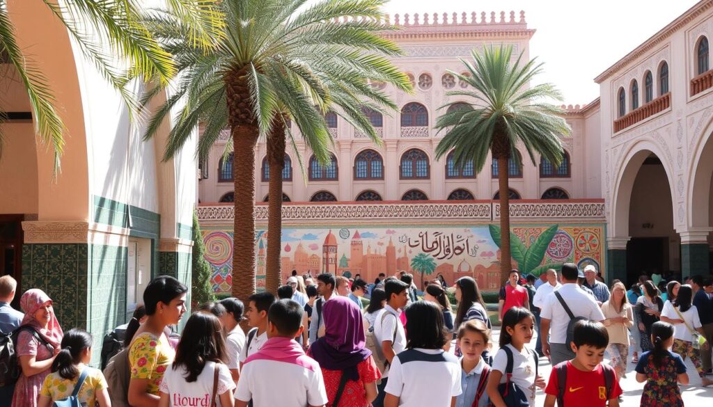 A bustling Moroccan schoolyard, sunlight filtering through arched doorways and lush palm trees. In the foreground, students of diverse backgrounds converse animatedly in a blend of Arabic, Amazigh, and French, reflecting the multilingual nature of the Moroccan education system. The middle ground showcases a vibrant mural depicting the country's rich cultural heritage, including traditional Moroccan patterns and calligraphy. In the background, a grand, ornate building with intricate tilework and arched windows stands as a symbol of the nation's educational legacy. MyVisitMorocco A bustling Moroccan schoolyard, sunlight filtering through arched doorways and lush palm trees. In the foreground, students of diverse backgrounds converse animatedly in a blend of Arabic, Amazigh, and French, reflecting the multilingual nature of the Moroccan education system. The middle ground showcases a vibrant mural depicting the country's rich cultural heritage, including traditional Moroccan patterns and calligraphy. In the background, a grand, ornate building with intricate tilework and arched windows stands as a symbol of the nation's educational legacy. MyVisitMorocco