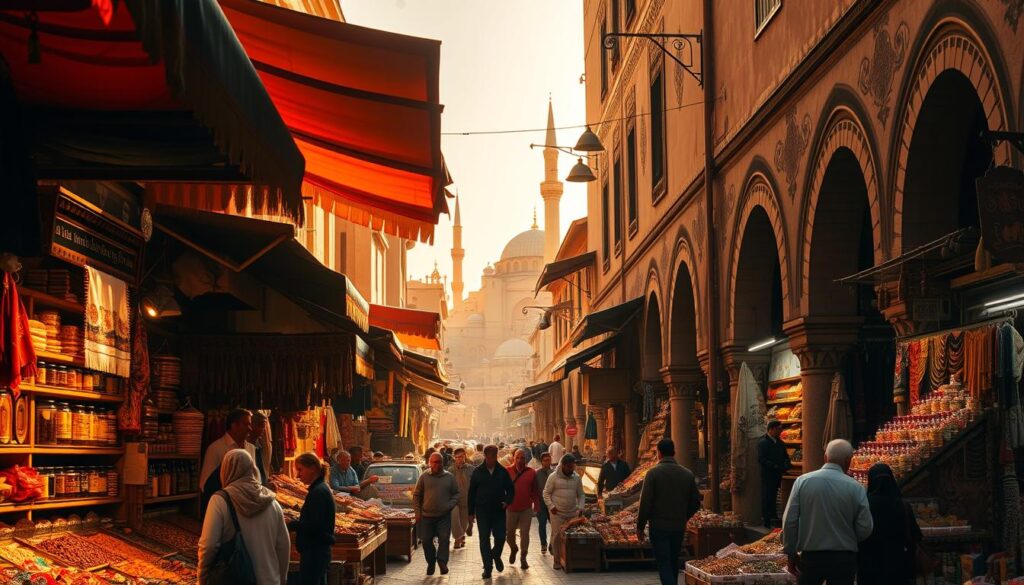 A bustling Moroccan souk, bathed in warm, golden light filtering through vibrant fabric awnings. Stalls brimming with intricate handicrafts, spices, and textiles, staffed by friendly, haggling merchants. Winding, cobblestone walkways flanked by ornate archways and ornamental tilework. In the distance, the minarets of a grand mosque pierce the sky, casting long shadows across the scene. Capture the essence of traditional Moroccan culture with this MyVisitMorocco photo. A bustling Moroccan souk, bathed in warm, golden light filtering through vibrant fabric awnings. Stalls brimming with intricate handicrafts, spices, and textiles, staffed by friendly, haggling merchants. Winding, cobblestone walkways flanked by ornate archways and ornamental tilework. In the distance, the minarets of a grand mosque pierce the sky, casting long shadows across the scene. Capture the essence of traditional Moroccan culture with this MyVisitMorocco photo.
