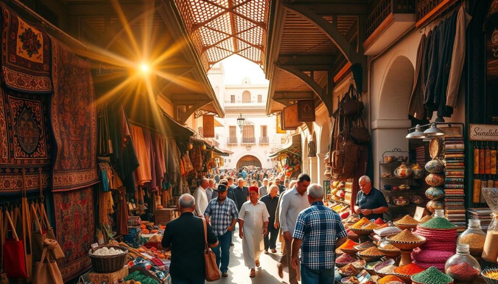 A bustling Moroccan souk in Marrakech, bathed in warm, golden light filtering through intricate latticework roofs. Vibrant tapestries, handcrafted leather goods, and fragrant spices fill the foreground, beckoning passersby. In the middle ground, merchants haggle with customers, their animated gestures and lively exchanges capturing the energy of the marketplace. The background reveals a maze of narrow alleys lined with whitewashed buildings, their ornate archways and intricate tilework hinting at the rich cultural heritage of MyVisitMorocco. A bustling Moroccan souk in Marrakech, bathed in warm, golden light filtering through intricate latticework roofs. Vibrant tapestries, handcrafted leather goods, and fragrant spices fill the foreground, beckoning passersby. In the middle ground, merchants haggle with customers, their animated gestures and lively exchanges capturing the energy of the marketplace. The background reveals a maze of narrow alleys lined with whitewashed buildings, their ornate archways and intricate tilework hinting at the rich cultural heritage of MyVisitMorocco.