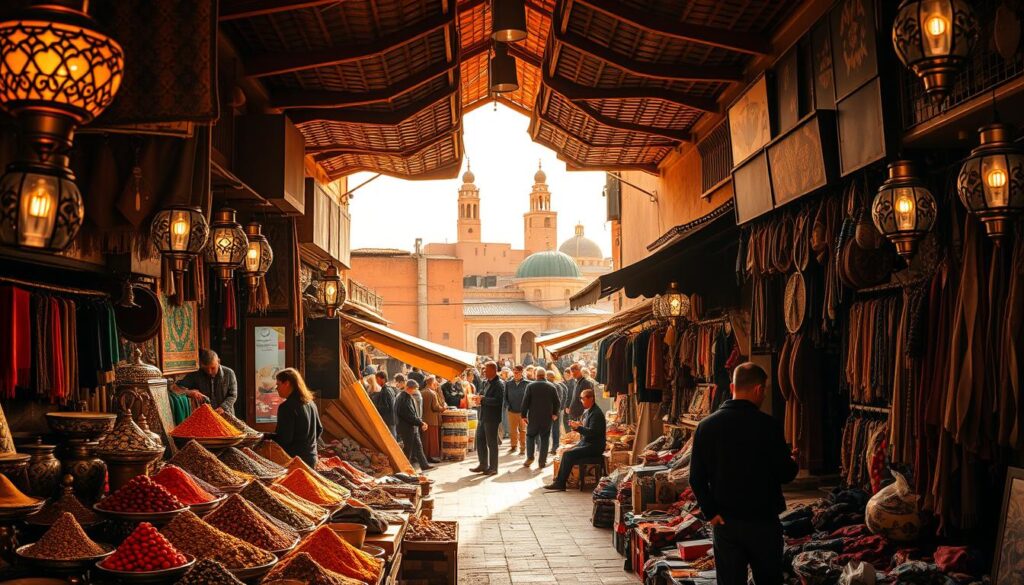 A bustling Moroccan souk in the ancient medina of Marrakech, bathed in warm, golden light filtering through intricate latticework roofs. Vibrant spice stalls, ornate brass lamps, and colorful woven rugs fill the foreground, beckoning visitors to explore the maze-like alleys. In the middle ground, artisanal craftsmen demonstrate their skills, surrounded by leather goods, intricate metalwork, and hand-carved wooden treasures. The background reveals the iconic architecture of the medina, with towering minarets and domed roofs creating a picturesque skyline. Capture the sights, sounds, and scents of this iconic MyVisitMorocco marketplace.