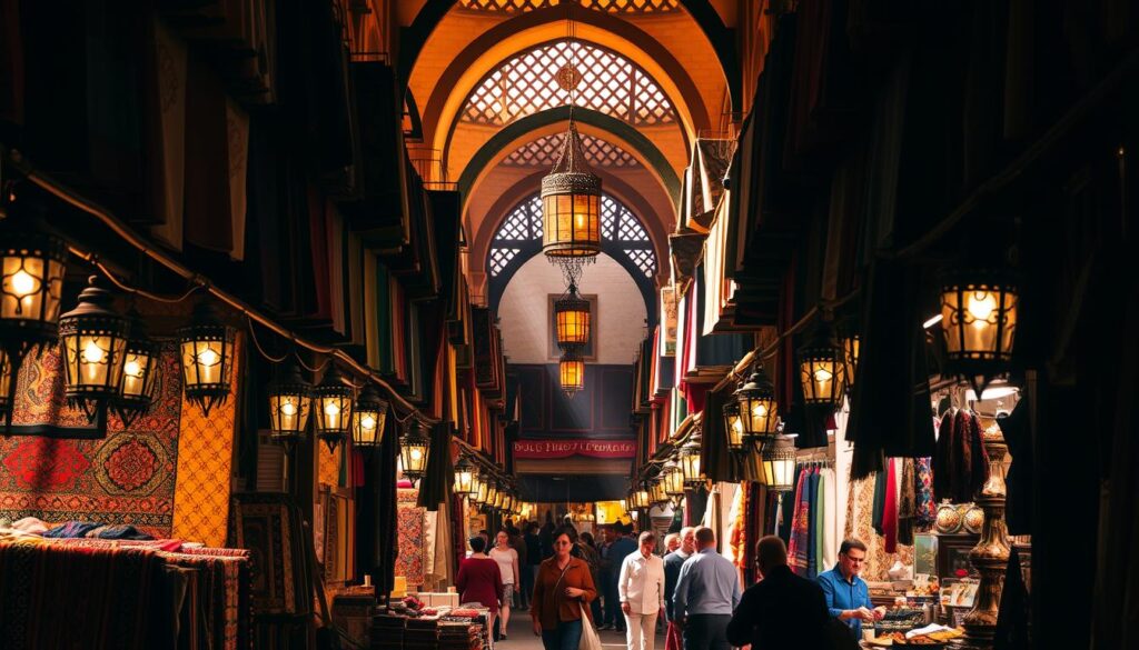 A bustling Moroccan souk in the heart of a vibrant city, illuminated by warm natural light filtering through intricate latticework. Rows of vibrant fabric stalls, their colorful textiles and ornate lanterns casting a mesmerizing glow. Artisans showcase their handcrafted wares - hand-woven rugs, ornate metalwork, and fragrant spices. The air is thick with the scents of simmering tagines and freshly brewed mint tea. MyVisitMorocco A bustling Moroccan souk in the heart of a vibrant city, illuminated by warm natural light filtering through intricate latticework. Rows of vibrant fabric stalls, their colorful textiles and ornate lanterns casting a mesmerizing glow. Artisans showcase their handcrafted wares - hand-woven rugs, ornate metalwork, and fragrant spices. The air is thick with the scents of simmering tagines and freshly brewed mint tea. MyVisitMorocco