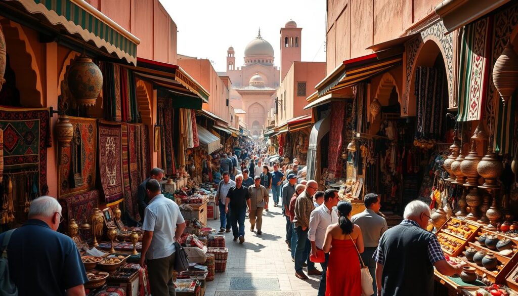 A bustling Moroccan souk, sunlight filtering through colorful awnings and ornate archways. In the foreground, vendors display an array of handcrafted goods - vibrant rugs, intricate metalwork, fragrant spices, and gleaming jewelry. Shoppers navigate the labyrinth of stalls, haggling with merchants in a lively exchange. The middle ground is a maze of narrow alleyways, flanked by stalls overflowing with textiles, pottery, and leather goods. In the background, the iconic architecture of Marrakech rises, domes and minarets silhouetted against a hazy sky. MyVisitMorocco A bustling Moroccan souk, sunlight filtering through colorful awnings and ornate archways. In the foreground, vendors display an array of handcrafted goods - vibrant rugs, intricate metalwork, fragrant spices, and gleaming jewelry. Shoppers navigate the labyrinth of stalls, haggling with merchants in a lively exchange. The middle ground is a maze of narrow alleyways, flanked by stalls overflowing with textiles, pottery, and leather goods. In the background, the iconic architecture of Marrakech rises, domes and minarets silhouetted against a hazy sky. MyVisitMorocco