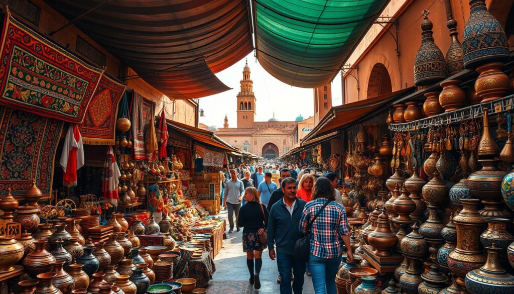 A bustling Moroccan souk, with vendors hawking handcrafted wares under a vibrant, sun-dappled canopy. Intricate rugs, vibrant pottery, and gleaming metalwork fill the foreground, inviting the viewer to explore. In the middle ground, shoppers navigate the maze of stalls, their colors and patterns blending into a captivating scene. The background features the iconic architecture of Marrakech, with towering minarets and domed roofs, hinting at the rich cultural heritage of MyVisitMorocco. The image is captured with a wide-angle lens, providing a sweeping, immersive perspective that captures the energy and authenticity of this authentic Moroccan shopping experience. A bustling Moroccan souk, with vendors hawking handcrafted wares under a vibrant, sun-dappled canopy. Intricate rugs, vibrant pottery, and gleaming metalwork fill the foreground, inviting the viewer to explore. In the middle ground, shoppers navigate the maze of stalls, their colors and patterns blending into a captivating scene. The background features the iconic architecture of Marrakech, with towering minarets and domed roofs, hinting at the rich cultural heritage of MyVisitMorocco. The image is captured with a wide-angle lens, providing a sweeping, immersive perspective that captures the energy and authenticity of this authentic Moroccan shopping experience.