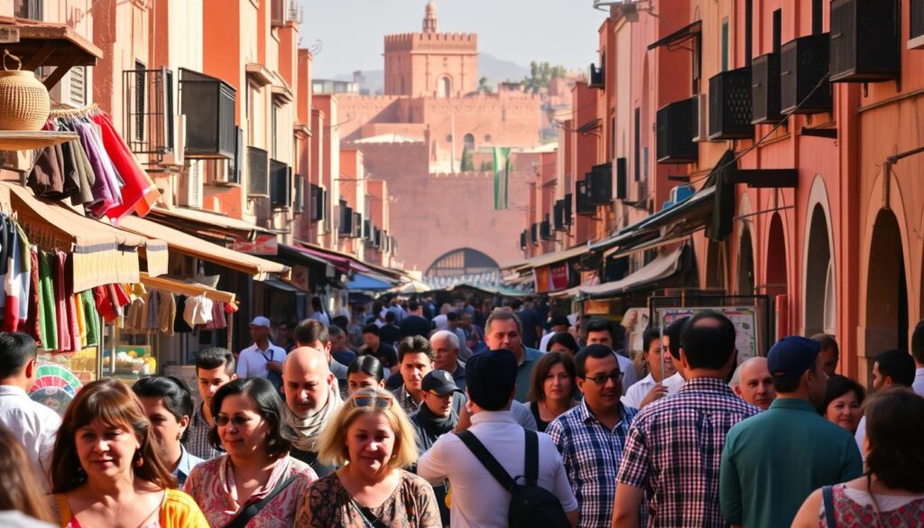 A bustling Moroccan street, bathed in warm, golden hues. In the foreground, a diverse array of people converse animatedly, their native tongues – Arabic, Berber, French, and Spanish – mingling in a rich tapestry of linguistic diversity. Mid-ground, colorful market stalls and vendors showcase the country's vibrant culture, while in the background, the iconic architecture of Marrakech's old city rises, a testament to Morocco's storied history. MyVisitMorocco. A bustling Moroccan street, bathed in warm, golden hues. In the foreground, a diverse array of people converse animatedly, their native tongues – Arabic, Berber, French, and Spanish – mingling in a rich tapestry of linguistic diversity. Mid-ground, colorful market stalls and vendors showcase the country's vibrant culture, while in the background, the iconic architecture of Marrakech's old city rises, a testament to Morocco's storied history. MyVisitMorocco.