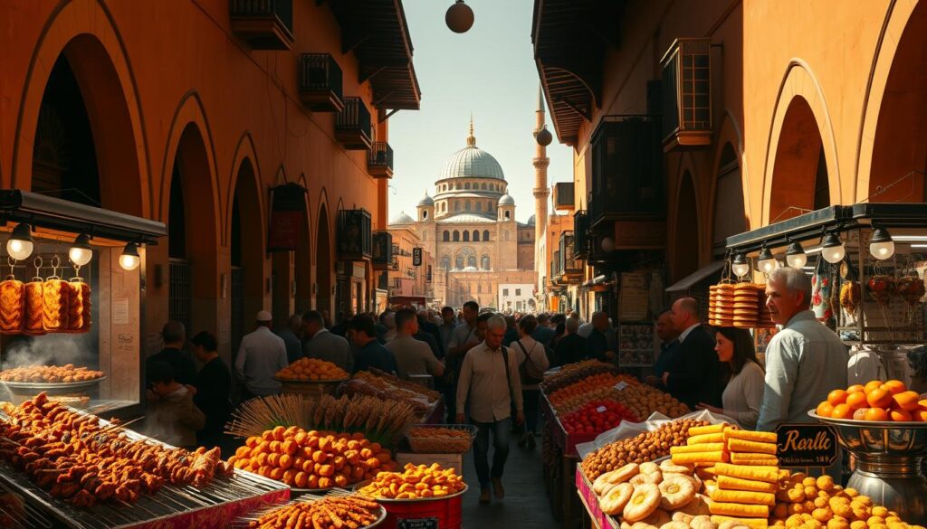 A bustling Moroccan street, bathed in warm, golden light filtering through the iconic arched doorways and overhanging balconies. In the foreground, vendors display an array of vibrant, fragrant street food - skewers of grilled meats, steaming tagines, flaky pastries, and colorful fruit displays. The middle ground is alive with the movement of locals and tourists, immersed in the lively atmosphere of the souk. In the background, the towering minarets and domed roofs of a grand mosque lend an authentic Moroccan ambiance. Shot with a wide-angle lens to capture the energy and scale of this culinary journey. MyVisitMorocco.