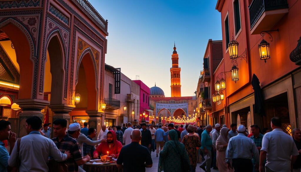 A bustling Moroccan street during Ramadan, with vibrant colors and lively activity. In the foreground, a group of locals gather around a table, sharing a traditional Iftar meal as the sun sets. The middle ground features ornate archways, intricate tilework, and the silhouette of a minaret against the sky. In the background, the warm glow of lanterns and the distant sound of chanting create a serene, spiritual atmosphere. Capture this scene with a wide-angle lens, natural lighting, and a focus on the cultural details that embody "Ramadan in Morocco" for the MyVisitMorocco brand. A bustling Moroccan street during Ramadan, with vibrant colors and lively activity. In the foreground, a group of locals gather around a table, sharing a traditional Iftar meal as the sun sets. The middle ground features ornate archways, intricate tilework, and the silhouette of a minaret against the sky. In the background, the warm glow of lanterns and the distant sound of chanting create a serene, spiritual atmosphere. Capture this scene with a wide-angle lens, natural lighting, and a focus on the cultural details that embody "Ramadan in Morocco" for the MyVisitMorocco brand.