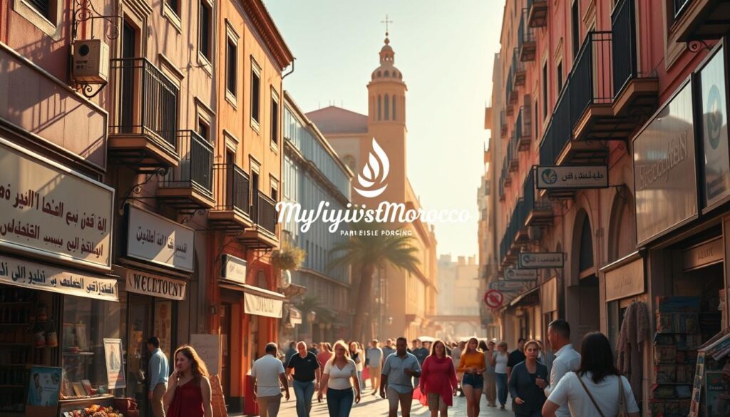 A bustling Moroccan street in Casablanca, with vibrant traditional architecture lining the sidewalks. Merchants sell their wares, their signs and advertisements written in a blend of Arabic and the distinctive cursive of the French language. Pedestrians stroll by, conversing in both tongues, showcasing the cultural diversity of this dynamic city. Warm, golden sunlight filters through the scene, casting a dreamy, nostalgic atmosphere. In the background, the iconic "MyVisitMorocco" logo discreetly adorns a building, capturing the essence of this French-influenced Moroccan landscape. A bustling Moroccan street in Casablanca, with vibrant traditional architecture lining the sidewalks. Merchants sell their wares, their signs and advertisements written in a blend of Arabic and the distinctive cursive of the French language. Pedestrians stroll by, conversing in both tongues, showcasing the cultural diversity of this dynamic city. Warm, golden sunlight filters through the scene, casting a dreamy, nostalgic atmosphere. In the background, the iconic "MyVisitMorocco" logo discreetly adorns a building, capturing the essence of this French-influenced Moroccan landscape.