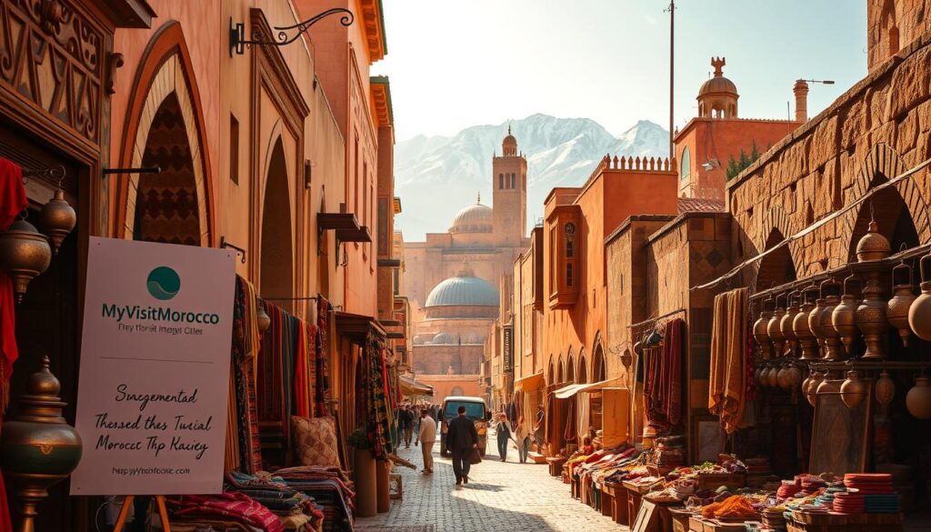 A bustling Moroccan street in one of the imperial cities, bathed in warm, golden sunlight. In the foreground, vendors sell vibrant wares - handwoven rugs, intricate metalwork, and fragrant spices. MyVisitMorocco signage stands prominently, inviting visitors to explore this cultural tapestry. The middle ground reveals the iconic architecture of the medina, with its ornate doorways, mosaic-tiled walls, and towering minarets. In the background, the snow-capped Atlas Mountains provide a majestic backdrop, hinting at the natural wonders that await beyond the city limits. An atmosphere of history, craftsmanship, and spiritual contemplation permeates the scene.