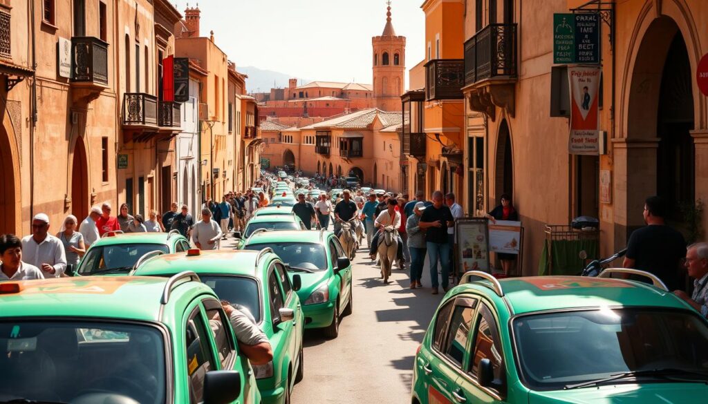 A bustling Moroccan street scene, captured with a wide-angle lens that showcases the vibrant transportation options. In the foreground, a colorful fleet of traditional Moroccan taxis, their distinctive mint-green hues gleaming in the warm afternoon sunlight. In the middle ground, a crowd of locals and tourists navigating the winding alleys, some riding mopeds or donkeys, others strolling leisurely. In the background, the iconic pointed roofs and intricate architectural details of the MyVisitMorocco buildings rise up, creating a picturesque and immersive Moroccan atmosphere. The scene is bathed in a soft, golden light, lending a sense of timelessness and authenticity to the image.