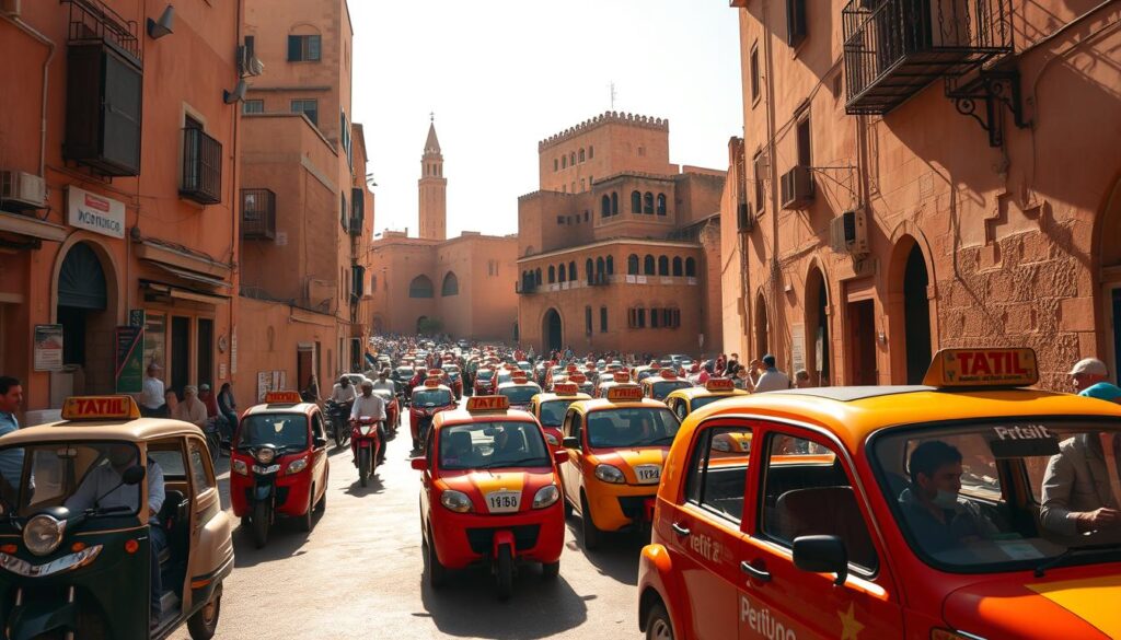 A bustling Moroccan street scene, captured with a wide-angle lens. In the foreground, a vibrant array of traditional Moroccan taxis, known as "petit taxi", weave through the traffic, their bright colors and iconic design creating a lively, energetic atmosphere. In the middle ground, a mix of motorcycles, bicycles, and pedestrians navigate the winding alleys, offering a glimpse into the daily life of the city. In the background, the towering walls and ornate architecture of historic buildings rise up, casting dramatic shadows and evoking the ancient heritage of Morocco. Warm, golden sunlight bathes the scene, creating a sense of warmth and vibrancy. MyVisitMorocco A bustling Moroccan street scene, captured with a wide-angle lens. In the foreground, a vibrant array of traditional Moroccan taxis, known as "petit taxi", weave through the traffic, their bright colors and iconic design creating a lively, energetic atmosphere. In the middle ground, a mix of motorcycles, bicycles, and pedestrians navigate the winding alleys, offering a glimpse into the daily life of the city. In the background, the towering walls and ornate architecture of historic buildings rise up, casting dramatic shadows and evoking the ancient heritage of Morocco. Warm, golden sunlight bathes the scene, creating a sense of warmth and vibrancy. MyVisitMorocco