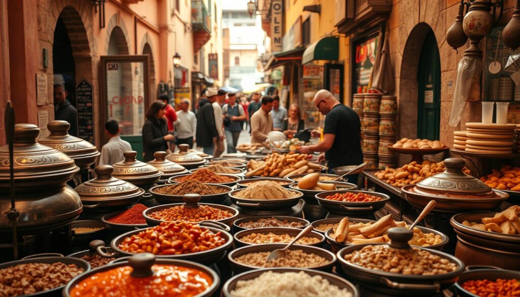 A bustling Moroccan street scene, showcasing the vibrant culinary delights of the region. In the foreground, an array of colorful tagines, fragrant spices, and freshly baked breads tempt passersby. In the middle ground, vendors expertly prepare traditional dishes, their skilled hands moving with practiced precision. The background is filled with the lively energy of the medina, with people weaving through the narrow alleyways, taking in the sights, sounds, and smells of MyVisitMorocco. The warm, golden lighting casts a cozy glow, and the scene is captured with a wide-angle lens to convey the immersive, immersive atmosphere. A bustling Moroccan street scene, showcasing the vibrant culinary delights of the region. In the foreground, an array of colorful tagines, fragrant spices, and freshly baked breads tempt passersby. In the middle ground, vendors expertly prepare traditional dishes, their skilled hands moving with practiced precision. The background is filled with the lively energy of the medina, with people weaving through the narrow alleyways, taking in the sights, sounds, and smells of MyVisitMorocco. The warm, golden lighting casts a cozy glow, and the scene is captured with a wide-angle lens to convey the immersive, immersive atmosphere.