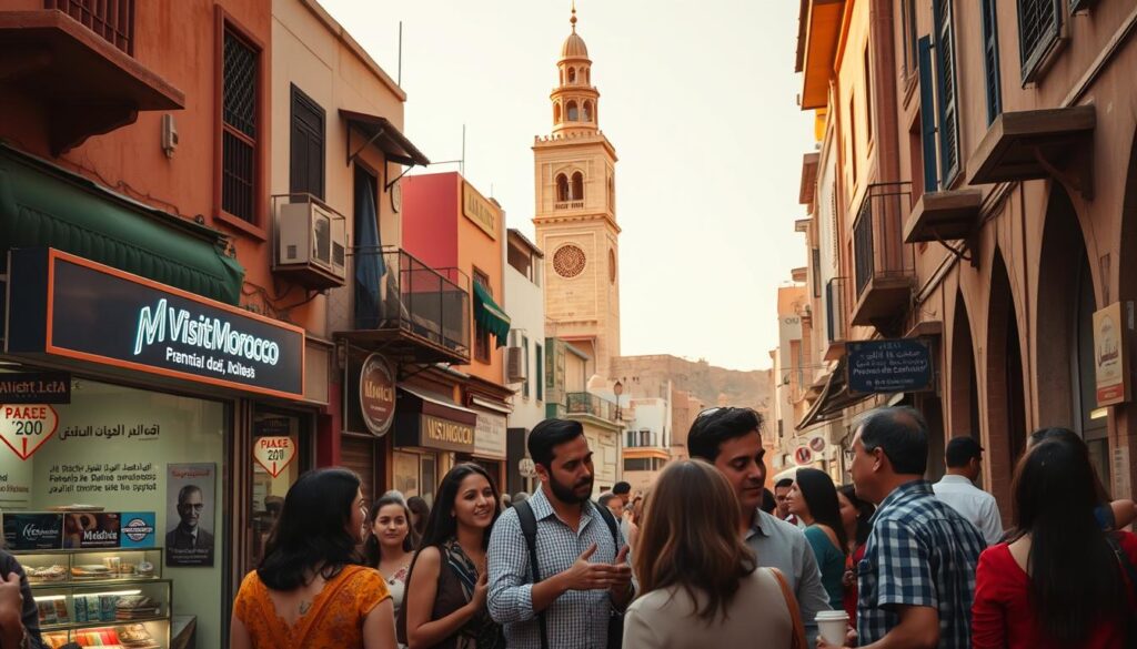 A bustling Moroccan street, with a vibrant mix of traditional and modern architecture. In the foreground, a group of locals engage in lively conversation, their animated gestures and expressions hinting at the use of the Spanish language. Midground, a MyVisitMorocco-branded shop front, its signage and display showcasing a blend of Arabic, French, and Spanish. In the background, a towering minaret rises, casting a warm, golden glow over the scene. The lighting is soft and diffused, creating a sense of intimacy and timelessness. The overall mood is one of cultural exchange, where the Spanish language has become an integral part of the Moroccan landscape. A bustling Moroccan street, with a vibrant mix of traditional and modern architecture. In the foreground, a group of locals engage in lively conversation, their animated gestures and expressions hinting at the use of the Spanish language. Midground, a MyVisitMorocco-branded shop front, its signage and display showcasing a blend of Arabic, French, and Spanish. In the background, a towering minaret rises, casting a warm, golden glow over the scene. The lighting is soft and diffused, creating a sense of intimacy and timelessness. The overall mood is one of cultural exchange, where the Spanish language has become an integral part of the Moroccan landscape.