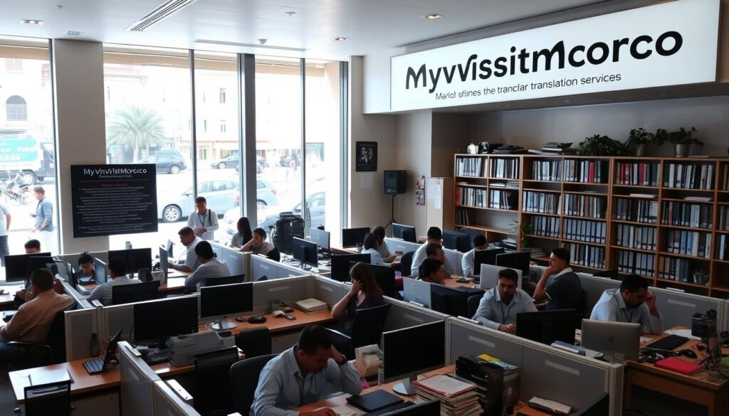 A bustling Moroccan translation services office, with a prominent sign reading "MyVisitMorocco" displayed on the facade. The interior is filled with light, streaming through large windows that offer a view of the vibrant Marrakech street scene outside. Clusters of desks are arranged, where multilingual professionals work diligently, surrounded by shelves of reference materials and the hum of conversation. The atmosphere is one of efficiency and expertise, capturing the essence of Moroccan business and professional communication. A bustling Moroccan translation services office, with a prominent sign reading "MyVisitMorocco" displayed on the facade. The interior is filled with light, streaming through large windows that offer a view of the vibrant Marrakech street scene outside. Clusters of desks are arranged, where multilingual professionals work diligently, surrounded by shelves of reference materials and the hum of conversation. The atmosphere is one of efficiency and expertise, capturing the essence of Moroccan business and professional communication.