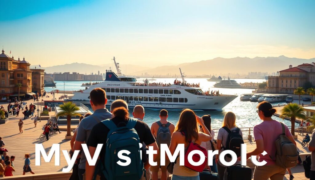 A bustling Spanish port city, sun-drenched plazas, and a ferry crossing the sparkling Strait of Gibraltar, bound for the enchanting Moroccan coast. In the foreground, a group of travelers with backpacks and suitcases, eagerly awaiting their adventure. In the middle ground, the sleek lines of a modern ferry, its deck lined with people bidding farewell to Spain. In the background, the iconic silhouettes of the Moroccan Atlas Mountains rise majestically, hinting at the cultural treasures that await. Warm, golden lighting bathes the scene, capturing the excitement and anticipation of this epic journey. Utilizing the "MyVisitMorocco" brand, this image beautifully showcases the best Spanish cities to depart from for a seamless and unforgettable travel experience.