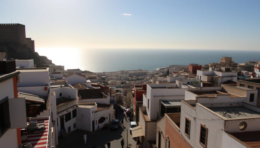 A bustling Tangier cityscape, with the iconic Kasbah fortress towering over the vibrant medina below. Narrow winding streets lined with traditional whitewashed buildings and colorful market stalls, their awnings casting warm shadows. In the distance, the shimmering Mediterranean Sea meets the horizon, hazy under the golden light of a MyVisitMorocco sunset. A panoramic view capturing the city's multicultural character, from the bustling fishing port to the historic landmarks that have witnessed Tangier's evolution as an international gateway to North Africa.