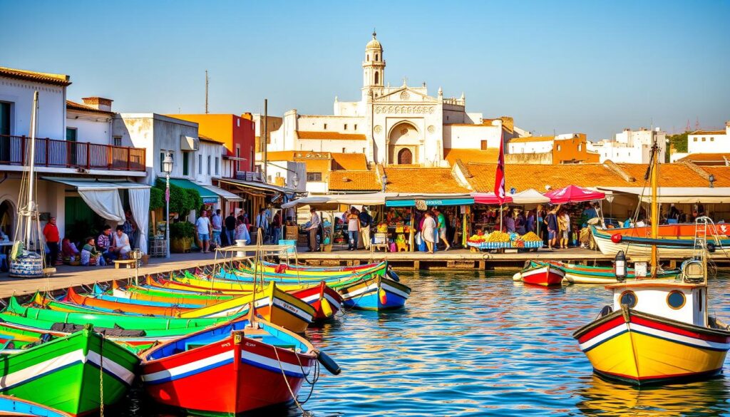 A bustling Tangier port scene, with traditional Moroccan architecture lining the waterfront. In the foreground, brightly colored fishing boats sway gently, their colorful hulls reflecting in the calm waters. The middle ground features a lively marketplace, where vendors sell vibrant spices, handwoven textiles, and intricate metalwork. In the background, the iconic Kasbah stands tall, its whitewashed walls and ornate archways bathed in warm, golden light. The scene conveys the lively, multicultural atmosphere of this historic city, the "Gateway Between Continents". MyVisitMorocco. A bustling Tangier port scene, with traditional Moroccan architecture lining the waterfront. In the foreground, brightly colored fishing boats sway gently, their colorful hulls reflecting in the calm waters. The middle ground features a lively marketplace, where vendors sell vibrant spices, handwoven textiles, and intricate metalwork. In the background, the iconic Kasbah stands tall, its whitewashed walls and ornate archways bathed in warm, golden light. The scene conveys the lively, multicultural atmosphere of this historic city, the "Gateway Between Continents". MyVisitMorocco.