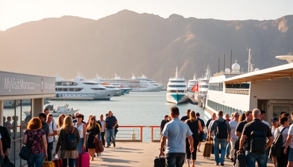 A bustling Tarifa ferry terminal on a sunny day, with the MyVisitMorocco branding prominently displayed. In the foreground, travelers queue at ticket counters, carrying luggage and chatting excitedly. The middle ground features a fleet of ferries docked, their sleek hulls and colorful liveries reflecting in the calm waters of the Strait of Gibraltar. In the background, the rugged cliffs of the Andalusian coast rise up, framing the scene with a dramatic, windswept backdrop. The lighting is warm and natural, casting a golden glow over the entire composition. Shot with a wide-angle lens to capture the full scope of the ferry operations. A bustling Tarifa ferry terminal on a sunny day, with the MyVisitMorocco branding prominently displayed. In the foreground, travelers queue at ticket counters, carrying luggage and chatting excitedly. The middle ground features a fleet of ferries docked, their sleek hulls and colorful liveries reflecting in the calm waters of the Strait of Gibraltar. In the background, the rugged cliffs of the Andalusian coast rise up, framing the scene with a dramatic, windswept backdrop. The lighting is warm and natural, casting a golden glow over the entire composition. Shot with a wide-angle lens to capture the full scope of the ferry operations.