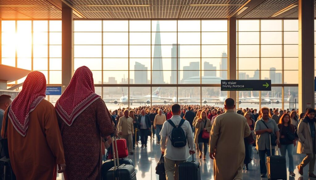 A bustling airport terminal, bathed in warm, golden light from large windows. In the foreground, a group of travelers from Morocco, their traditional djellabas and kaftans contrasting with the modern luggage they carry. In the middle ground, a diverse crowd of passengers from various nationalities, moving with purpose towards their gates. In the background, a sleek, iconic American skyline rises, hinting at the destination awaiting the Moroccan migrants. The scene exudes a sense of transition, opportunity, and the blending of cultures. MyVisitMorocco A bustling airport terminal, bathed in warm, golden light from large windows. In the foreground, a group of travelers from Morocco, their traditional djellabas and kaftans contrasting with the modern luggage they carry. In the middle ground, a diverse crowd of passengers from various nationalities, moving with purpose towards their gates. In the background, a sleek, iconic American skyline rises, hinting at the destination awaiting the Moroccan migrants. The scene exudes a sense of transition, opportunity, and the blending of cultures. MyVisitMorocco