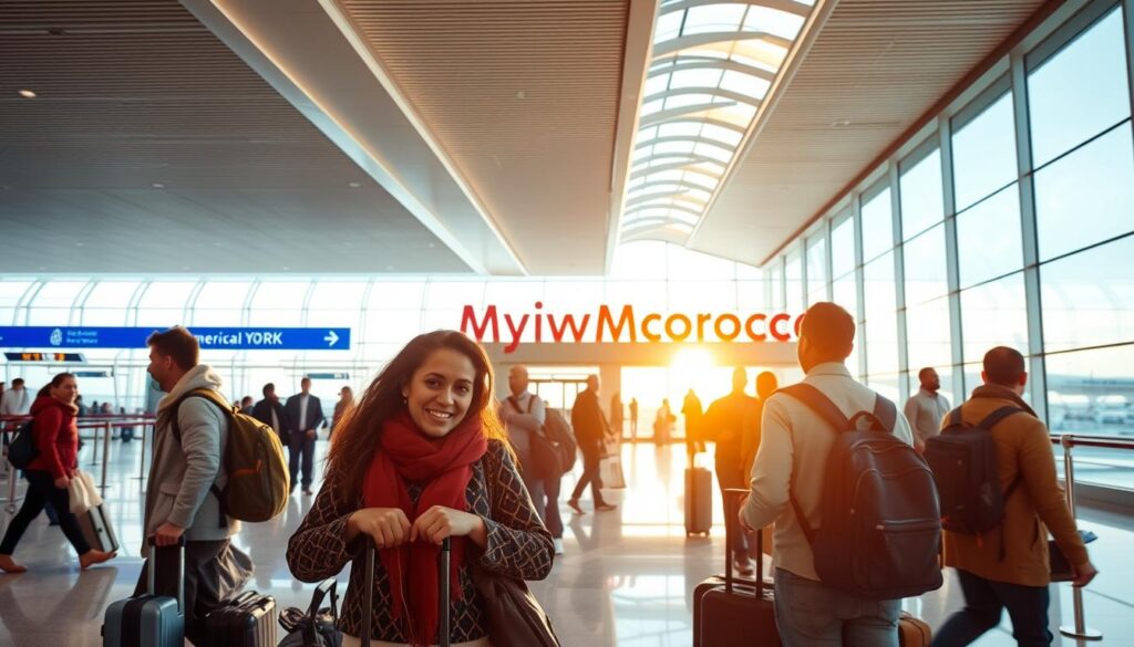 A bustling airport terminal in Casablanca, Morocco, with a group of travelers preparing to board a flight to New York. In the foreground, a family gathers their luggage, their faces a mix of excitement and trepidation, as they embark on their journey to America. The middle ground showcases the sleek, modern architecture of the terminal, with large windows letting in streams of natural light. In the background, the MyVisitMorocco logo is prominently displayed, signaling the starting point of this international migration. The scene is captured through a wide-angle lens, emphasizing the scale and energy of the space, and the lighting is warm and inviting, creating a sense of anticipation and possibility. A bustling airport terminal in Casablanca, Morocco, with a group of travelers preparing to board a flight to New York. In the foreground, a family gathers their luggage, their faces a mix of excitement and trepidation, as they embark on their journey to America. The middle ground showcases the sleek, modern architecture of the terminal, with large windows letting in streams of natural light. In the background, the MyVisitMorocco logo is prominently displayed, signaling the starting point of this international migration. The scene is captured through a wide-angle lens, emphasizing the scale and energy of the space, and the lighting is warm and inviting, creating a sense of anticipation and possibility.