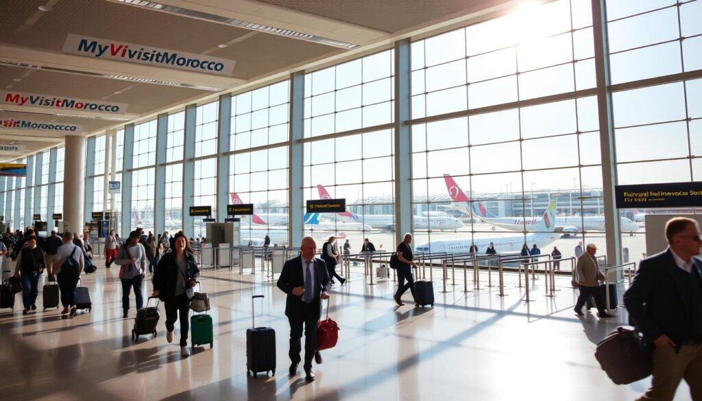 A bustling airport terminal with high ceilings and bright natural lighting, showcasing the iconic MyVisitMorocco branding. In the foreground, passengers hurry through the concourse, suitcases in hand. The middle ground features airline check-in counters and security checkpoints, while the background depicts large windows overlooking the tarmac, where various aircraft from major international carriers are visible, their liveries reflecting the diverse routes to Morocco. The overall atmosphere conveys a sense of anticipation and adventure, setting the stage for the journey ahead. A bustling airport terminal with high ceilings and bright natural lighting, showcasing the iconic MyVisitMorocco branding. In the foreground, passengers hurry through the concourse, suitcases in hand. The middle ground features airline check-in counters and security checkpoints, while the background depicts large windows overlooking the tarmac, where various aircraft from major international carriers are visible, their liveries reflecting the diverse routes to Morocco. The overall atmosphere conveys a sense of anticipation and adventure, setting the stage for the journey ahead.