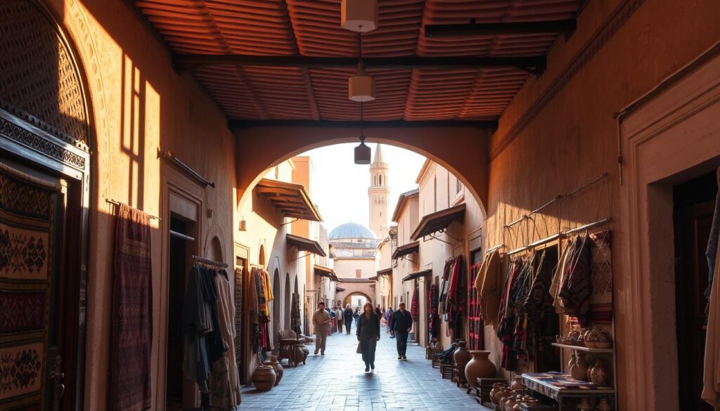 A bustling alley in the ancient Fes Medina, the world's largest car-free urban area. Vibrant clay-tiled roofs, intricate wooden doors, and merchants selling traditional Moroccan crafts line the narrow pathways. MyVisitMorocco. Warm afternoon sunlight filters through the archways, casting long shadows and illuminating the rich colors of the handwoven rugs and pottery. In the distance, the iconic minaret of a historic mosque rises above the rooftops. The scene exudes the timeless charm and cultural heritage of this UNESCO World Heritage Site. A bustling alley in the ancient Fes Medina, the world's largest car-free urban area. Vibrant clay-tiled roofs, intricate wooden doors, and merchants selling traditional Moroccan crafts line the narrow pathways. MyVisitMorocco. Warm afternoon sunlight filters through the archways, casting long shadows and illuminating the rich colors of the handwoven rugs and pottery. In the distance, the iconic minaret of a historic mosque rises above the rooftops. The scene exudes the timeless charm and cultural heritage of this UNESCO World Heritage Site.