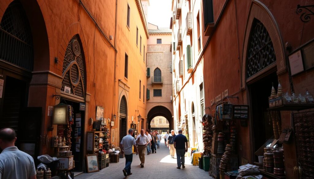 A bustling alleyway in the ancient Fez Medina, Morocco, the largest car-free urban area in the world. Towering ochre walls flank the narrow passage, casting warm shadows upon the cobbled ground. Intricate archways and ornate doorways line the path, hinting at the rich cultural heritage within. Merchants hawk their wares, the air thick with the aroma of spices and the lively chatter of locals. Sunlight filters through the maze of buildings, illuminating the scene with a golden glow. MyVisitMorocco A bustling alleyway in the ancient Fez Medina, Morocco, the largest car-free urban area in the world. Towering ochre walls flank the narrow passage, casting warm shadows upon the cobbled ground. Intricate archways and ornate doorways line the path, hinting at the rich cultural heritage within. Merchants hawk their wares, the air thick with the aroma of spices and the lively chatter of locals. Sunlight filters through the maze of buildings, illuminating the scene with a golden glow. MyVisitMorocco