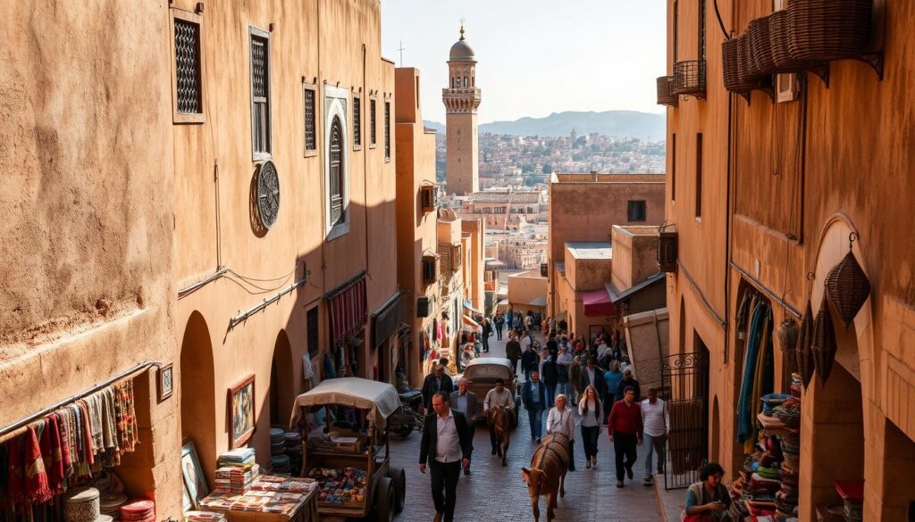 A bustling alleyway in the heart of Fes Medina, the cultural capital of Morocco. Narrow streets lined with traditional adobe buildings, their intricate geometric facades casting long shadows under the warm afternoon sun. In the foreground, artisanal shops and market stalls overflow with vibrant textiles, hand-carved woodwork, and the enticing aromas of spices. Locals navigate the labyrinth, weaving between donkey-drawn carts and groups of curious tourists. The middle-ground reveals a towering minaret, its ornate tilework glimmering. In the distance, the sprawling, ancient medina stretches out, a maze of history and life. Capture the essence of Fes, the cultural heart of Morocco, for the MyVisitMorocco travel guide.