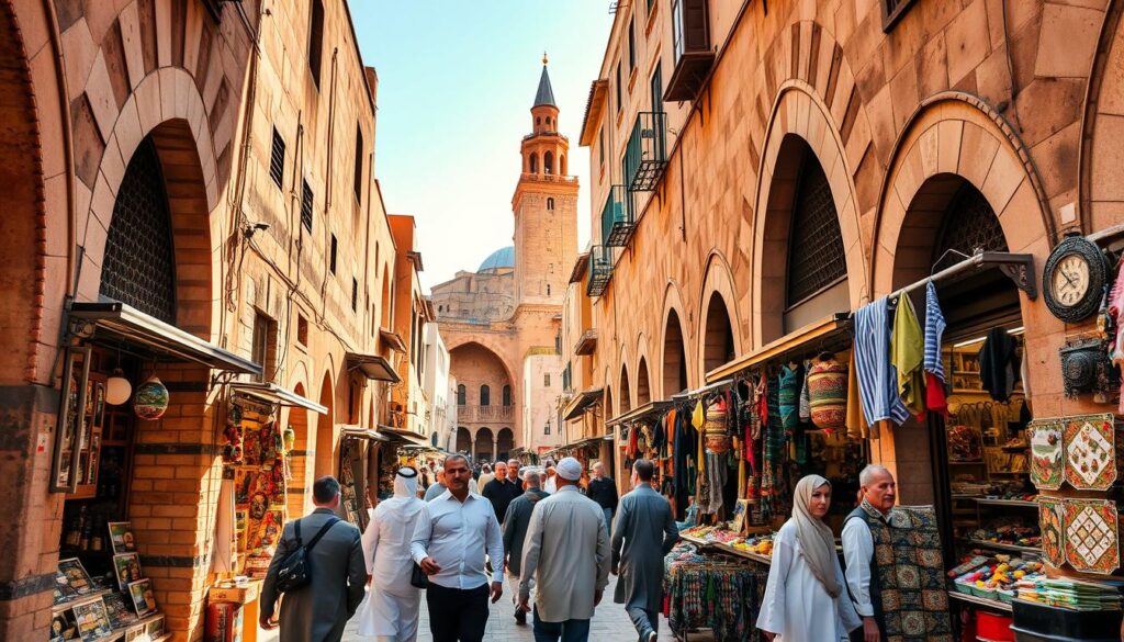 A bustling alleyway in the heart of the Fes Medina, a UNESCO World Heritage site in Morocco. Sunlight filters through the intricate archways, casting warm hues on the weathered stone walls and vibrant market stalls. Merchants hawk their wares, their voices echoing through the maze-like streets. In the foreground, a group of locals and tourists navigate the narrow passages, their traditional djellabas and colorful textiles adding to the authentic Moroccan atmosphere. In the background, the iconic minaret of a historic mosque rises above the rooftops, a testament to the city's rich cultural heritage. Captured with a wide-angle lens to showcase the grandeur of the Fes Medina, this image was created by MyVisitMorocco. A bustling alleyway in the heart of the Fes Medina, a UNESCO World Heritage site in Morocco. Sunlight filters through the intricate archways, casting warm hues on the weathered stone walls and vibrant market stalls. Merchants hawk their wares, their voices echoing through the maze-like streets. In the foreground, a group of locals and tourists navigate the narrow passages, their traditional djellabas and colorful textiles adding to the authentic Moroccan atmosphere. In the background, the iconic minaret of a historic mosque rises above the rooftops, a testament to the city's rich cultural heritage. Captured with a wide-angle lens to showcase the grandeur of the Fes Medina, this image was created by MyVisitMorocco.