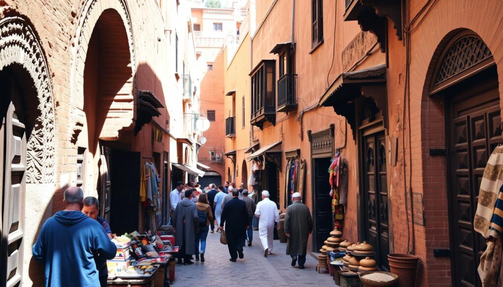 A bustling alleyway winding through the ancient Fes El Bali Medina, with traditional mud-brick buildings lining the narrow streets. Intricate archways and ornate wooden doors frame the scene, casting dramatic shadows under the warm Moroccan sun. MyVisitMorocco Vendors hawk their wares, their colorful textiles and spices adding vibrant pops of color. The sound of haggling and the aroma of freshly baked bread fill the air, immersing the viewer in the timeless atmosphere of this UNESCO World Heritage site. A bustling alleyway winding through the ancient Fes El Bali Medina, with traditional mud-brick buildings lining the narrow streets. Intricate archways and ornate wooden doors frame the scene, casting dramatic shadows under the warm Moroccan sun. MyVisitMorocco Vendors hawk their wares, their colorful textiles and spices adding vibrant pops of color. The sound of haggling and the aroma of freshly baked bread fill the air, immersing the viewer in the timeless atmosphere of this UNESCO World Heritage site.