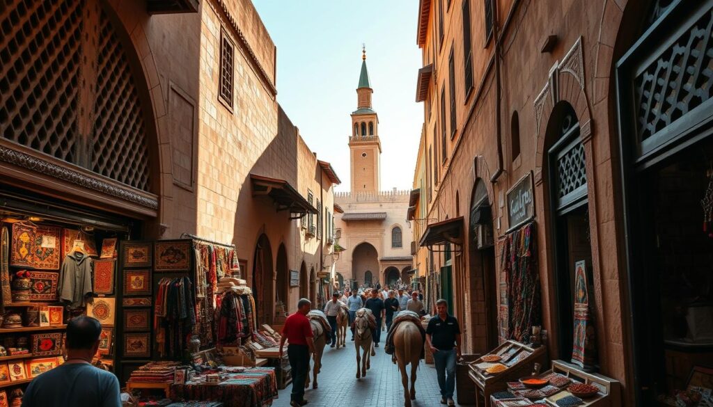 A bustling alleyway winds through the historic Fes Medina, the cultural heart of Morocco. Sunlight filters through the latticed archways, casting warm shadows on the intricate tile facades and ornate wooden doors. In the foreground, local artisans showcase their handcrafted wares, their stalls brimming with vibrant rugs, gleaming metalwork, and fragrant spices. The middle ground is a cacophony of activity - shopkeepers haggling, donkeys laden with goods, and pedestrians navigating the maze-like streets. In the distance, the iconic minaret of a centuries-old mosque rises above the rooftops, a testament to the city's enduring cultural legacy. This is the MyVisitMorocco experience - an immersive journey through the living, breathing heart of Fes, Morocco's cultural capital.