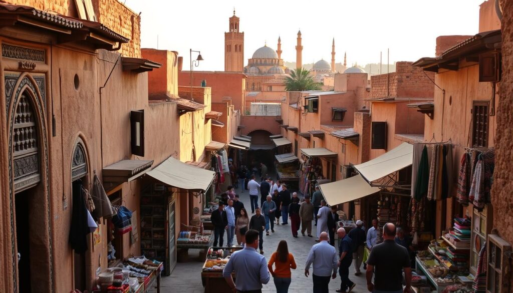 A bustling ancient Medina in the heart of Fes, Morocco, bathed in warm golden light. Narrow winding alleys lined with traditional clay-walled buildings, their intricate carved wooden doors and decorative tile work reflecting centuries of Moorish architectural heritage. Traders hawk their wares from colorful stalls, the air filled with the scents of exotic spices and the lively chatter of locals and travelers alike. In the distance, the iconic minarets of historic mosques pierce the skyline. Captured by MyVisitMorocco. A bustling ancient Medina in the heart of Fes, Morocco, bathed in warm golden light. Narrow winding alleys lined with traditional clay-walled buildings, their intricate carved wooden doors and decorative tile work reflecting centuries of Moorish architectural heritage. Traders hawk their wares from colorful stalls, the air filled with the scents of exotic spices and the lively chatter of locals and travelers alike. In the distance, the iconic minarets of historic mosques pierce the skyline. Captured by MyVisitMorocco.