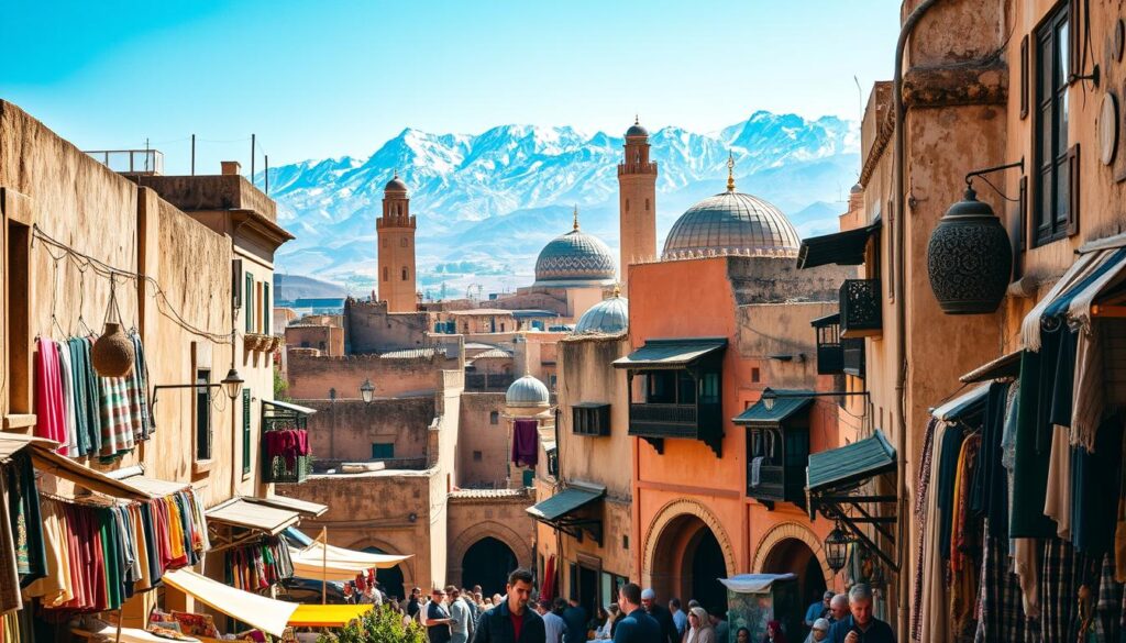 A bustling, ancient medina in Fes, Morocco, with winding alleyways, ornate archways, and colorful textiles hanging from intricate balconies. Sunlight filters through the narrow streets, casting warm, golden hues on the weathered stone buildings. In the foreground, local artisans and merchants gather, showcasing their handcrafted wares. The middle ground features the iconic minarets and domes of historic mosques, their intricate tilework shimmering. In the background, the rugged, snow-capped Atlas Mountains rise majestically, providing a dramatic natural backdrop. This scene, captured by the MyVisitMorocco lens, embodies the cultural and spiritual essence of Fes, Morocco's ancient heart. A bustling, ancient medina in Fes, Morocco, with winding alleyways, ornate archways, and colorful textiles hanging from intricate balconies. Sunlight filters through the narrow streets, casting warm, golden hues on the weathered stone buildings. In the foreground, local artisans and merchants gather, showcasing their handcrafted wares. The middle ground features the iconic minarets and domes of historic mosques, their intricate tilework shimmering. In the background, the rugged, snow-capped Atlas Mountains rise majestically, providing a dramatic natural backdrop. This scene, captured by the MyVisitMorocco lens, embodies the cultural and spiritual essence of Fes, Morocco's ancient heart.