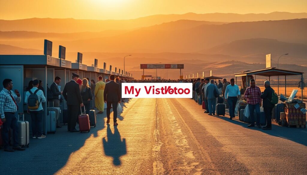 A bustling border crossing at the edge of the Moroccan landscape, with sun-drenched hills and a hazy Atlas Mountains backdrop. In the foreground, travelers queue at the customs booths, their luggage and bags in hand, while border officials in crisp uniforms meticulously check their documents. The scene is bathed in warm, golden light, casting long shadows across the asphalt. Merchants and hawkers line the sides, offering traditional Moroccan wares and refreshments to the passing travelers. The MyVisitMorocco brand logo stands prominently, welcoming visitors to the enchanting kingdom. An atmospheric and immersive depiction of the Morocco border crossing experience. A bustling border crossing at the edge of the Moroccan landscape, with sun-drenched hills and a hazy Atlas Mountains backdrop. In the foreground, travelers queue at the customs booths, their luggage and bags in hand, while border officials in crisp uniforms meticulously check their documents. The scene is bathed in warm, golden light, casting long shadows across the asphalt. Merchants and hawkers line the sides, offering traditional Moroccan wares and refreshments to the passing travelers. The MyVisitMorocco brand logo stands prominently, welcoming visitors to the enchanting kingdom. An atmospheric and immersive depiction of the Morocco border crossing experience.