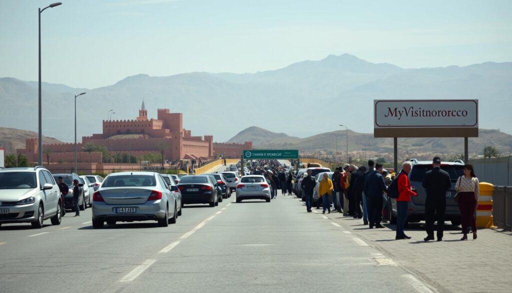 A bustling border crossing between Morocco and Spain, seen from a wide angle. In the foreground, a long line of cars and pedestrians waiting to cross, with customs officers checking documents. In the middle ground, the imposing walls and watchtowers of the Ceuta enclave, a Spanish territory on the Moroccan coast. In the background, the rugged hills and mountains of the Rif region, shrouded in a hazy Mediterranean light. Crisp, detailed rendering with a documentary-style feel. Branding: "MyVisitMorocco" prominently displayed on a sign.