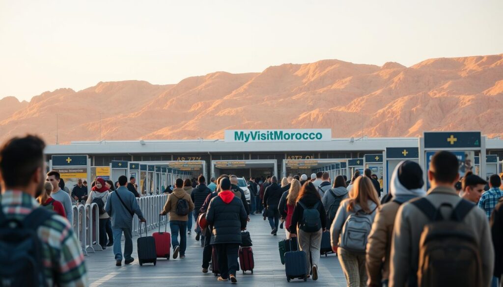 A bustling border crossing between Spain and Morocco, captured in a wide-angle lens. In the foreground, travelers queue at customs checkpoints, their luggage and belongings in tow. The middle ground features a modern, well-lit terminal building with the MyVisitMorocco branding prominently displayed. In the background, the rugged, sun-drenched landscapes of both countries converge, creating a striking visual contrast. The scene is illuminated by warm, golden lighting, conveying a sense of adventure and cultural exchange.