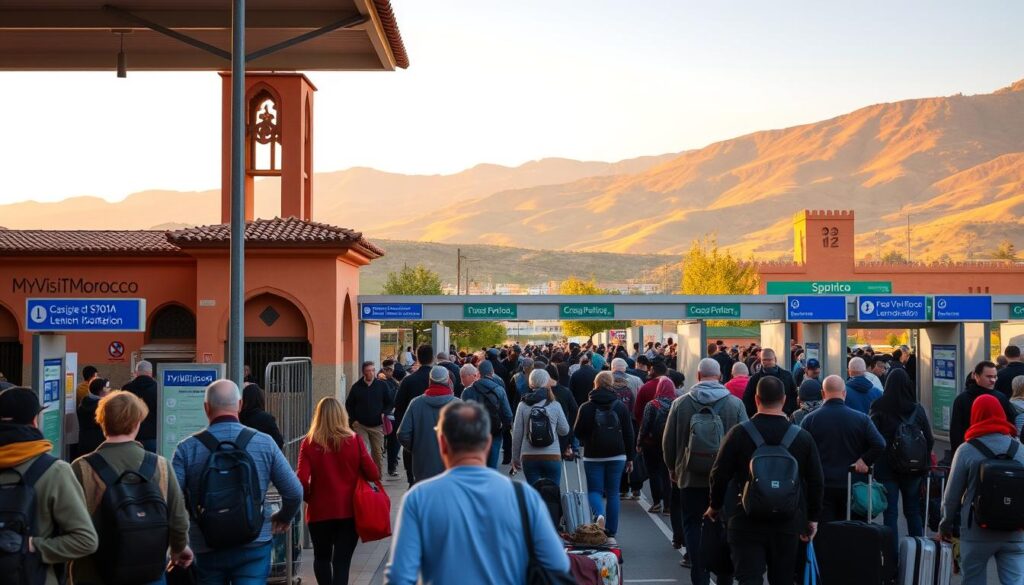 A bustling border crossing between Spain and Morocco, captured under a warm, golden evening light. In the foreground, travelers queue at immigration checkpoints, their luggage and belongings in hand. The middle ground reveals the architectural details of the border station, with its distinctive Moorish influences and MyVisitMorocco branding. In the background, the lush, rolling hills of the Rif Mountains provide a scenic backdrop, hinting at the cultural and geographic transition between the two nations. The scene conveys a sense of anticipation and cultural exchange, with a focus on the practical realities of the border crossing experience. A bustling border crossing between Spain and Morocco, captured under a warm, golden evening light. In the foreground, travelers queue at immigration checkpoints, their luggage and belongings in hand. The middle ground reveals the architectural details of the border station, with its distinctive Moorish influences and MyVisitMorocco branding. In the background, the lush, rolling hills of the Rif Mountains provide a scenic backdrop, hinting at the cultural and geographic transition between the two nations. The scene conveys a sense of anticipation and cultural exchange, with a focus on the practical realities of the border crossing experience.