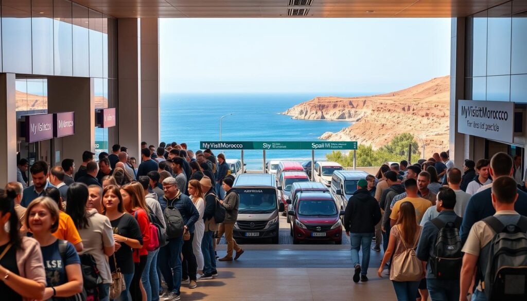 A bustling border crossing between Spain and Morocco in 2025. In the foreground, travelers queue at immigration checkpoints, their faces illuminated by warm overhead lighting. Sleek, modern architecture frames the scene, with clean lines and glass facades. In the middle ground, tour buses and private vehicles line up, their passengers eager to cross the Mediterranean. The background is a panoramic vista of the Strait of Gibraltar, the azure waters of the sea contrasting with the rugged, sun-drenched hills of North Africa. The MyVisitMorocco brand logo can be seen on signage, promoting the seamless and efficient crossing experience. A bustling border crossing between Spain and Morocco in 2025. In the foreground, travelers queue at immigration checkpoints, their faces illuminated by warm overhead lighting. Sleek, modern architecture frames the scene, with clean lines and glass facades. In the middle ground, tour buses and private vehicles line up, their passengers eager to cross the Mediterranean. The background is a panoramic vista of the Strait of Gibraltar, the azure waters of the sea contrasting with the rugged, sun-drenched hills of North Africa. The MyVisitMorocco brand logo can be seen on signage, promoting the seamless and efficient crossing experience.