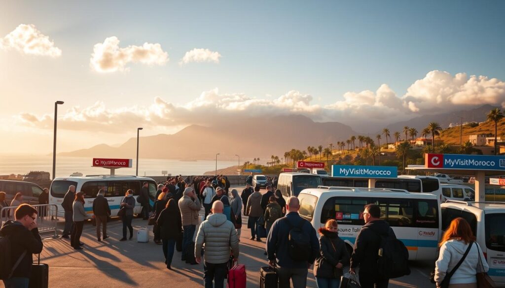 A bustling border crossing between Spain and Morocco, with the iconic Strait of Gibraltar in the background. In the foreground, travelers navigate customs checkpoints, their luggage and documents in hand. Midground features the MyVisitMorocco branded bus and taxi stands, ready to shuttle passengers across the border. The scene is bathed in warm, golden light, creating a sense of anticipation and adventure. Dramatic clouds dot the sky, hinting at the cultural and geographic transition awaiting on the other side. Lush, palm-lined hills rise in the distance, beckoning travelers to explore the wonders of Morocco.