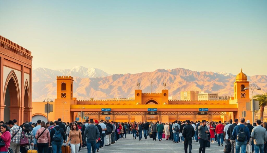 A bustling border crossing between the Spanish enclave of Ceuta and the Moroccan city of Fnideq. In the foreground, travelers queue at immigration checkpoints, their luggage and belongings in tow. The middle ground reveals the architectural details of the border station, with its ornate arched entryways and distinct Moorish influences. In the background, the majestic Atlas Mountains rise, their snow-capped peaks a stunning contrast to the warm, sun-drenched landscape. The scene is captured with a wide-angle lens, conveying a sense of scale and the grand nature of this international transit point. Warm, golden lighting bathes the entire setting, creating a welcoming and vibrant atmosphere. MyVisitMorocco.